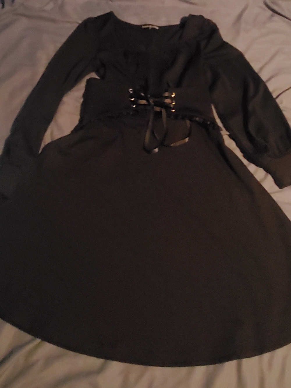 Black Long Sleeve Lace-Up Waist Dress